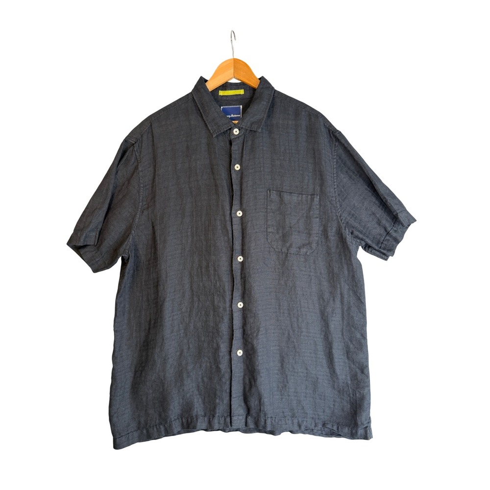 Tommy Bahama Short Sleeve Linen Shirt Mens XL Black Herringbone